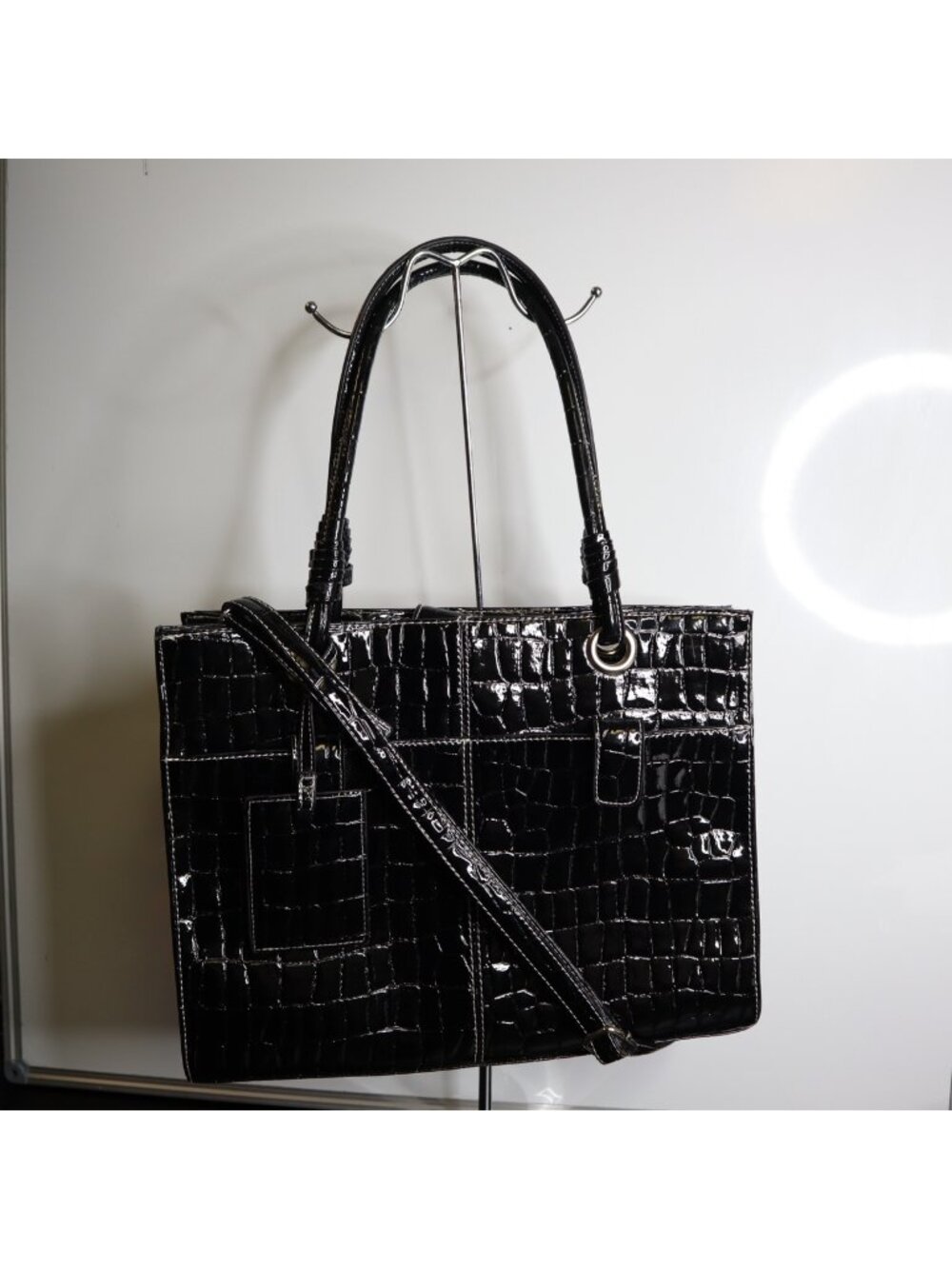 DG-165 Wilsons Leather Black Croc Embossed Tote Shoulder Bag w/ Removable ID Tag